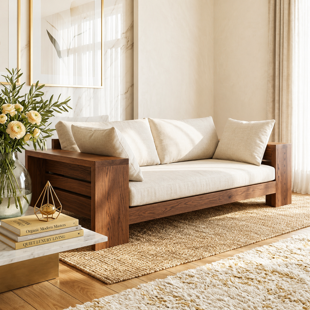 Modern Wooden Sofa Daybed with Cushions for Living Room Lounge Decor