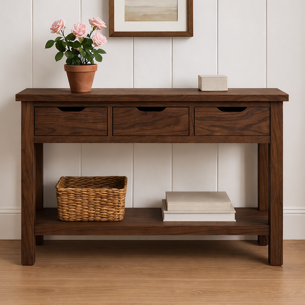 Rustic Wooden Console Table with Storage Drawers and Bottom Shelf for Entryway