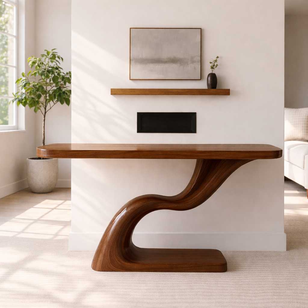 Modern Sculptural Solid Wood Console Table, Curved Base Entryway Hallway Statement Furniture