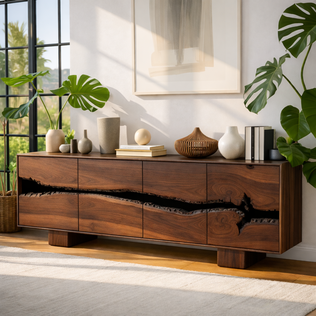 Handcrafted Solid Wood Console Table with Natural Live-Edge Pattern for Modern Living Spaces