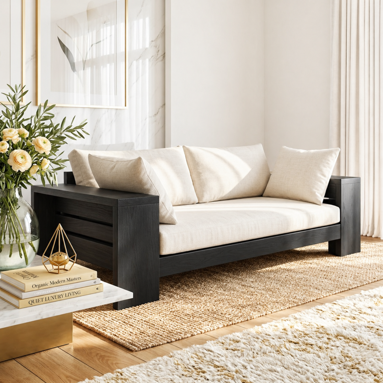 Modern Wooden Sofa Daybed with Cushions for Living Room Lounge Decor