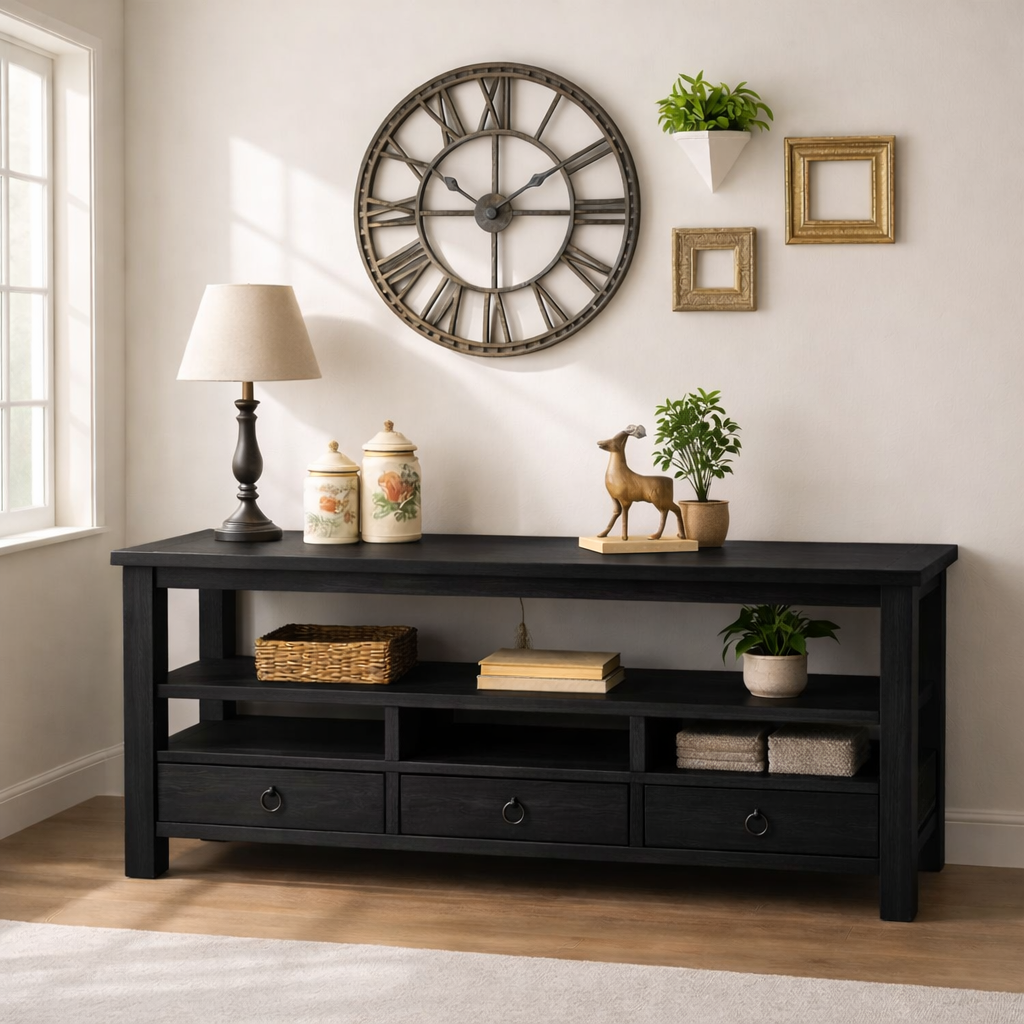Solid Wood Console Table with Drawers, Rustic Oak Media Console Table with Open Shelves