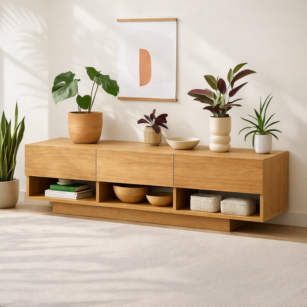 Modern Solid Wood Console Table, Minimalist Media Console Cabinet with Open Storage Shelves