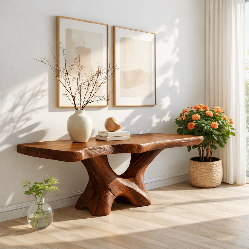 Handcrafted Solid Wood Console Table with Sculptural Base and Natural Grain Live Edge Design