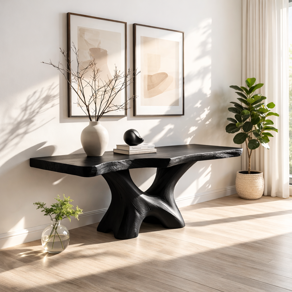 Handcrafted Solid Wood Console Table with Sculptural Base and Natural Grain Live Edge Design