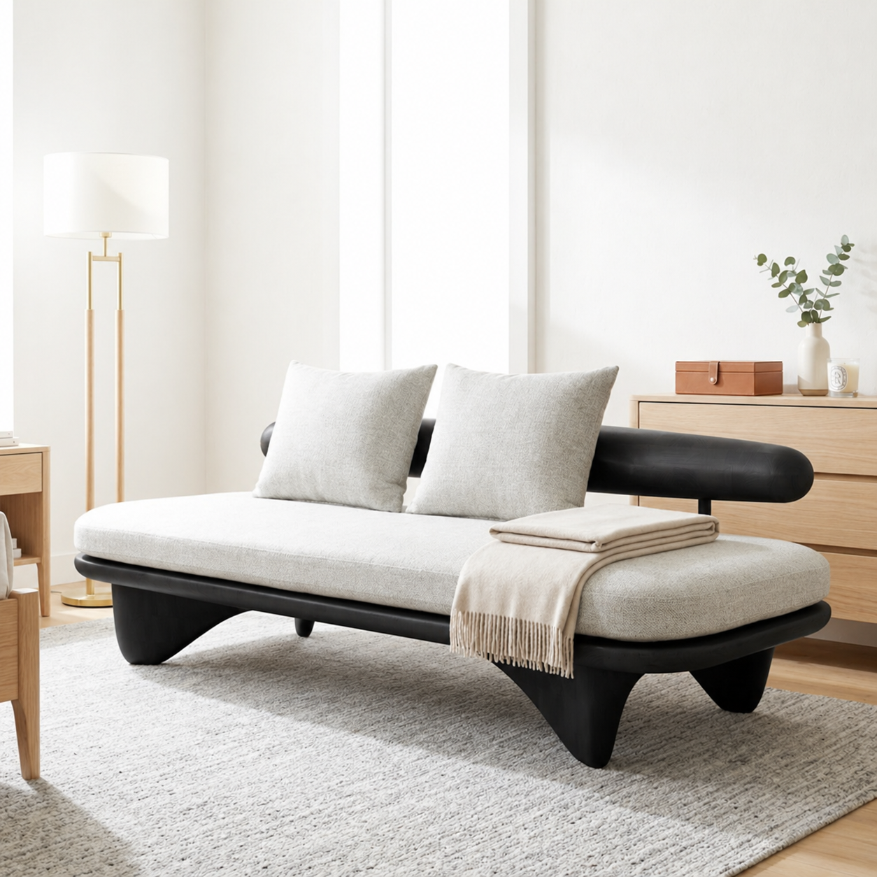 Modern Upholstered Daybed With Rounded Bolster Backrest, Pillows, Bedroom Lounge Bench