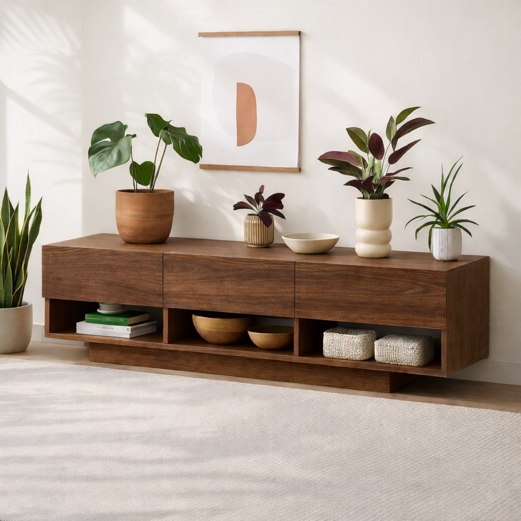 Modern Solid Wood Console Table, Minimalist Media Console Cabinet with Open Storage Shelves