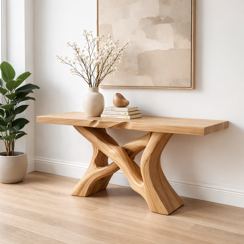 Handcrafted Solid Wood Console Table with Artistic Twisted Base and Natural Light Finish Design