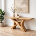 Handcrafted Solid Wood Console Table with Artistic Twisted Base and Natural Light Finish Design