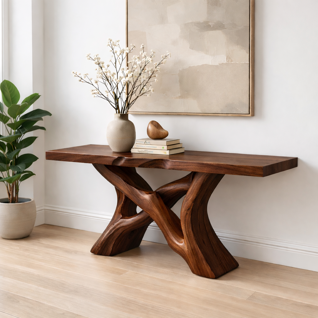 Handcrafted Solid Wood Console Table with Artistic Twisted Base and Natural Light Finish Design