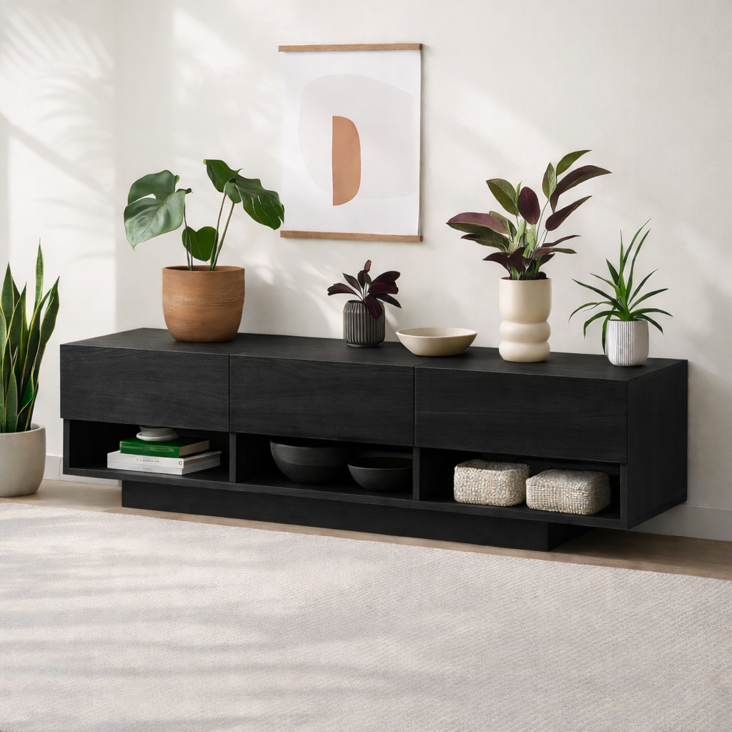 Modern Solid Wood Console Table, Minimalist Media Console Cabinet with Open Storage Shelves