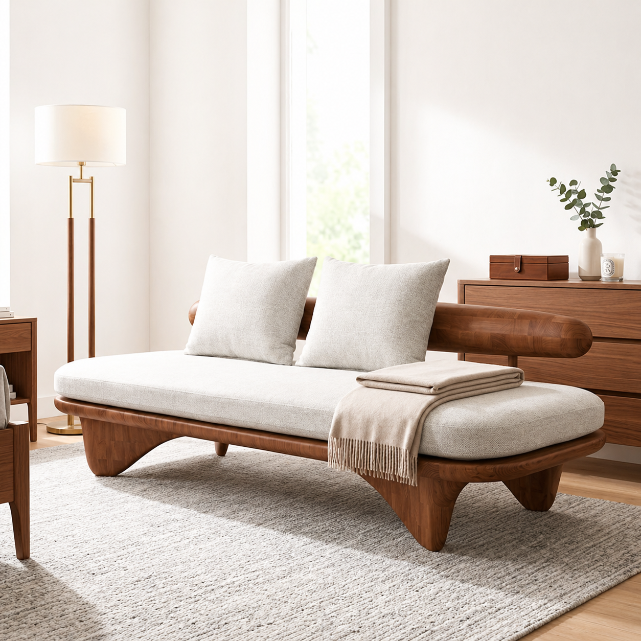 Modern Upholstered Daybed With Rounded Bolster Backrest, Pillows, Bedroom Lounge Bench