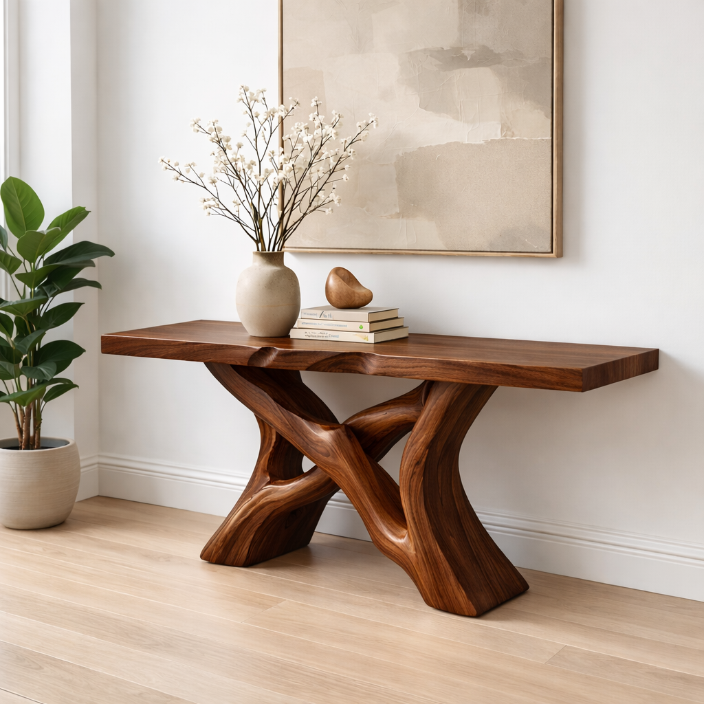 Handcrafted Solid Wood Console Table with Artistic Twisted Base and Natural Light Finish Design