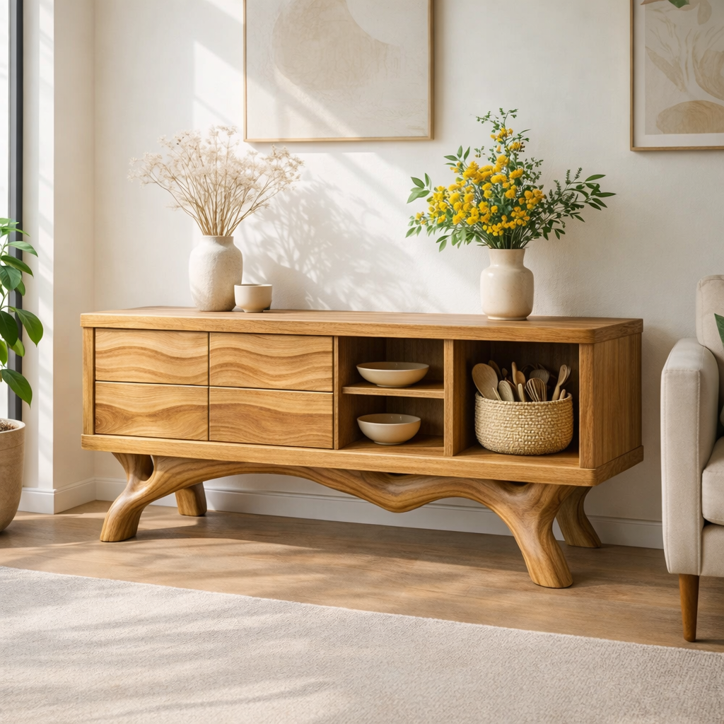 Modern Solid Wood Sideboard Cabinet, Oak Buffet Storage Console with Shelves and Drawers