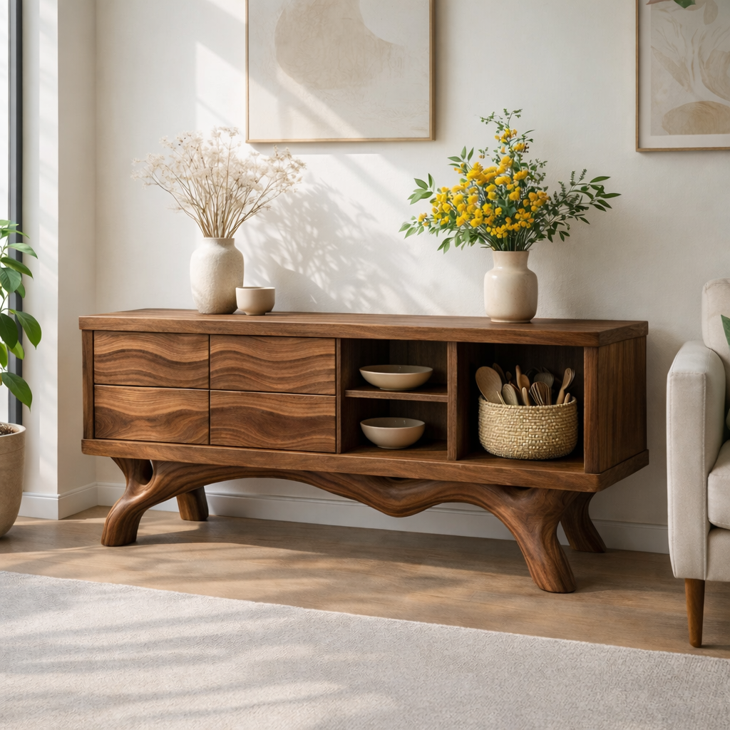 Modern Solid Wood Sideboard Cabinet, Oak Buffet Storage Console with Shelves and Drawers