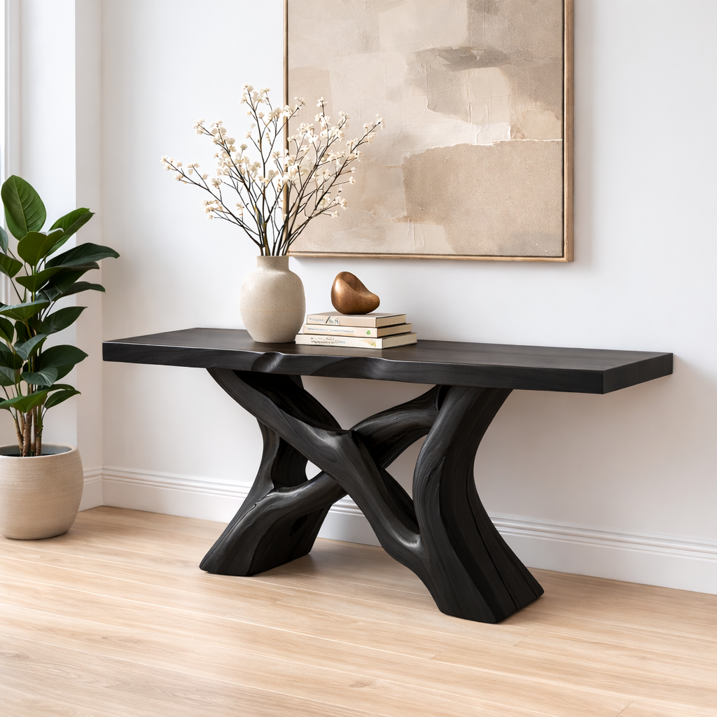 Handcrafted Solid Wood Console Table with Artistic Twisted Base and Natural Light Finish Design
