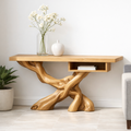 Handcrafted Solid Wood Console Table with Organic Tree-Root Base and Floating Shelf Design