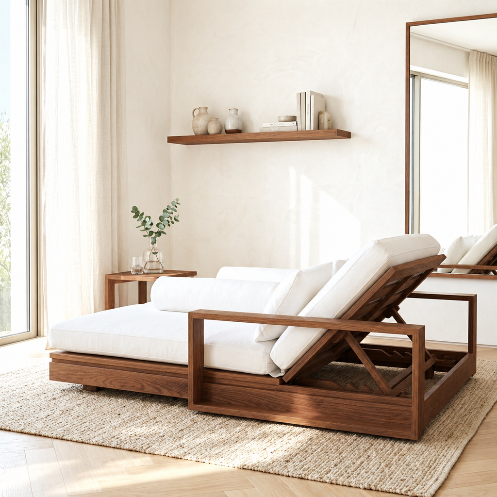 Adjustable Upholstered Daybed With Reclining Backrest, White Cushions, Lounge Chaise