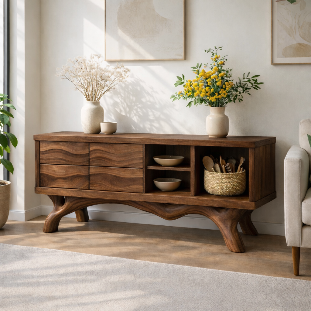 Modern Solid Wood Sideboard Cabinet, Oak Buffet Storage Console with Shelves and Drawers