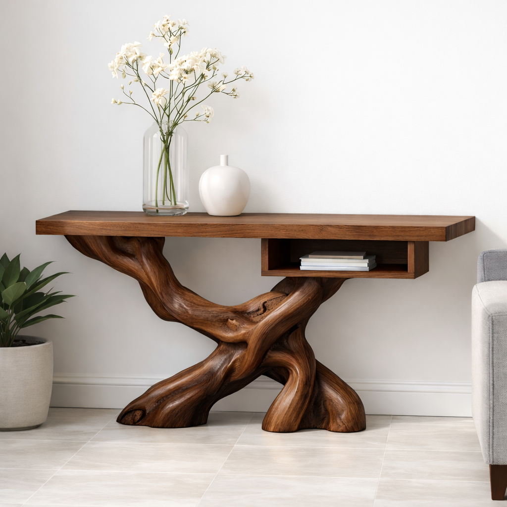 Handcrafted Solid Wood Console Table with Organic Tree-Root Base and Floating Shelf Design