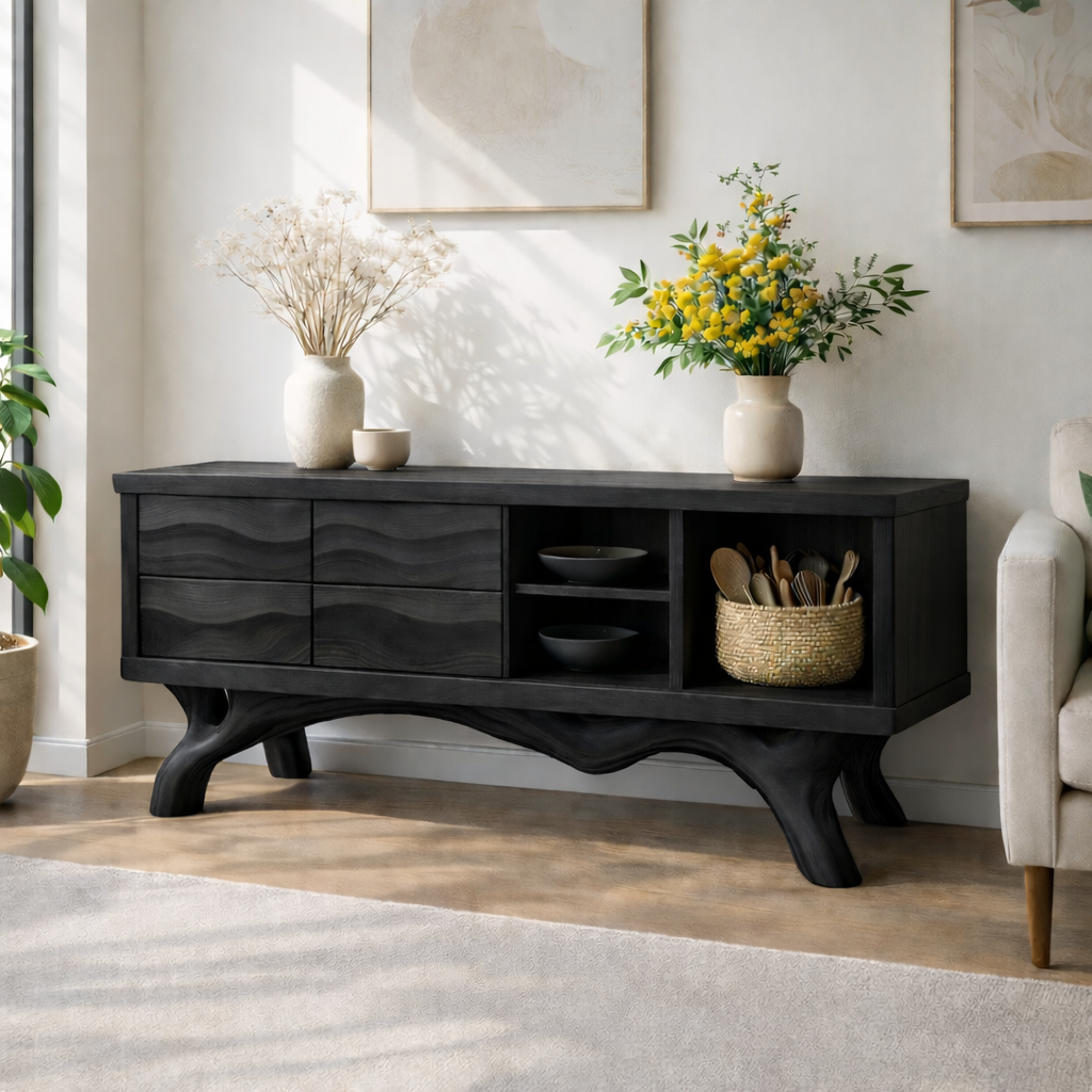 Modern Solid Wood Sideboard Cabinet, Oak Buffet Storage Console with Shelves and Drawers