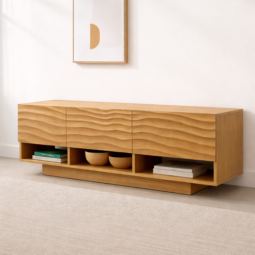 Modern Solid Wood Console Table, Minimalist Oak Media Console Cabinet with Storage Shelves