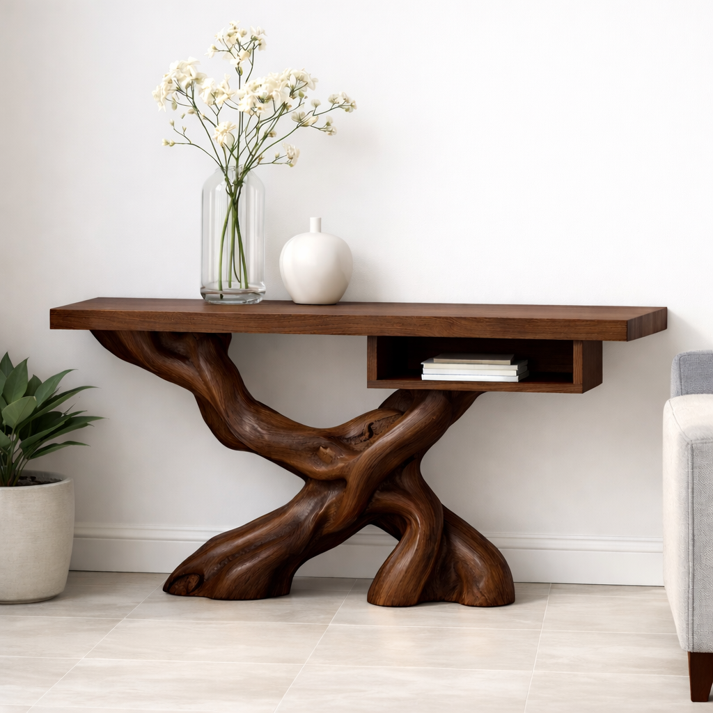 Handcrafted Solid Wood Console Table with Organic Tree-Root Base and Floating Shelf Design