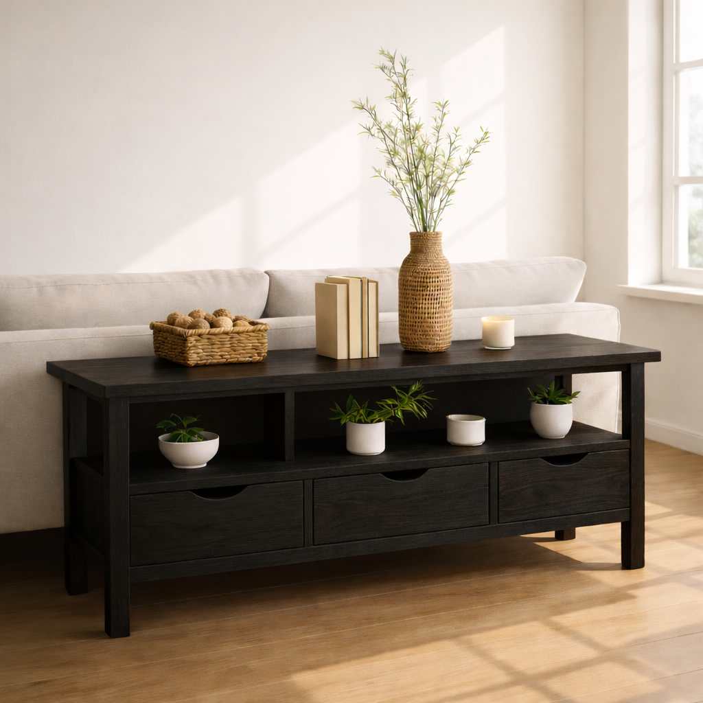 Solid Wood Console Table with Drawers and Shelf, Modern Entryway Sofa Table Wood Storage Cabinet