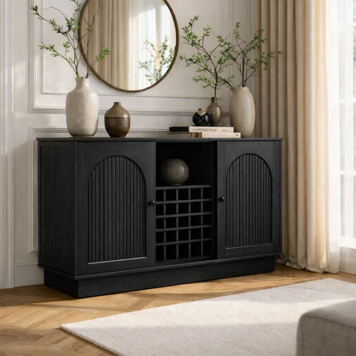 Arched Slatted Wood Wine Cabinet with Bottle Rack Modern Bar Storage