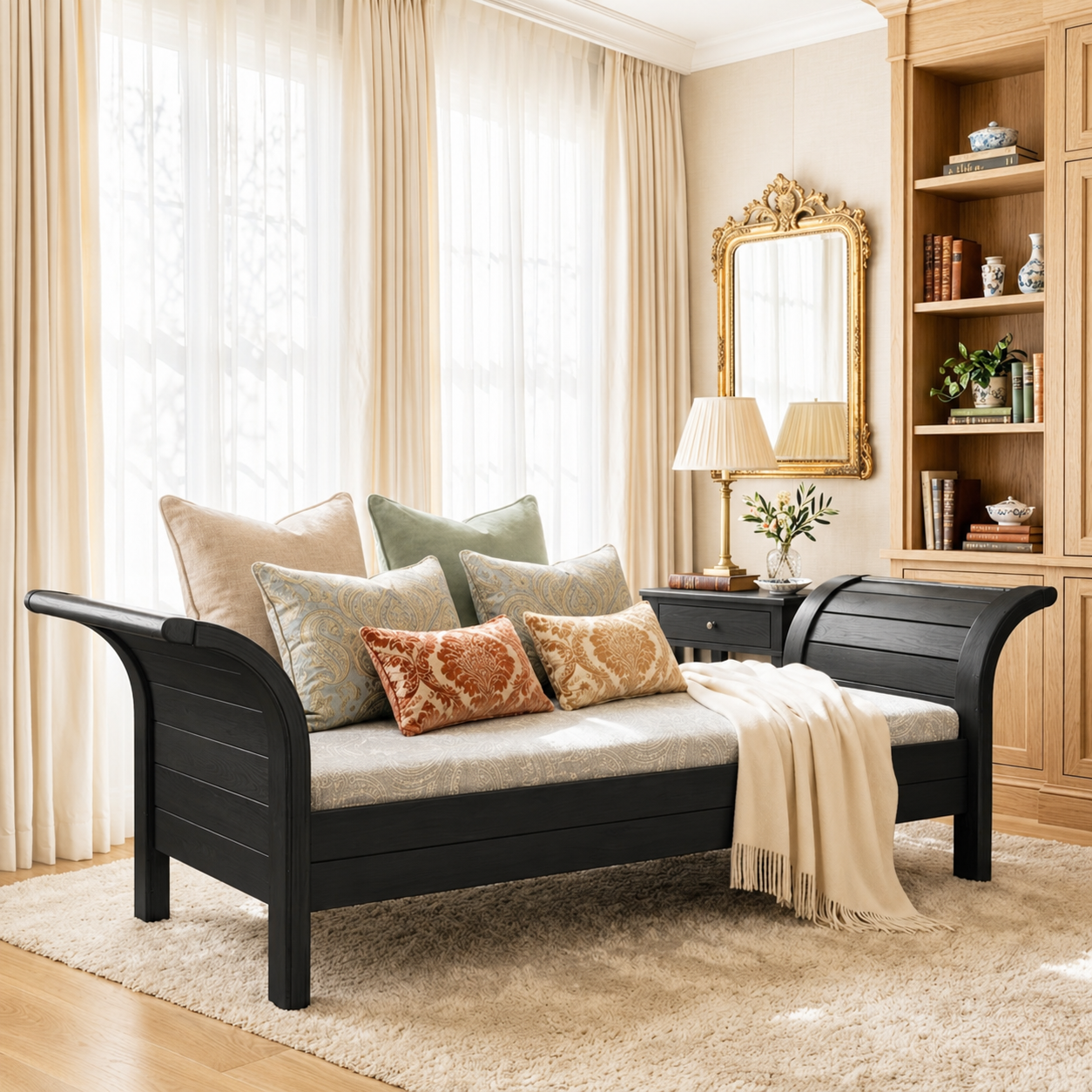 Classic Wooden Daybed Sofa with Pillows for Bedroom Lounge Decor