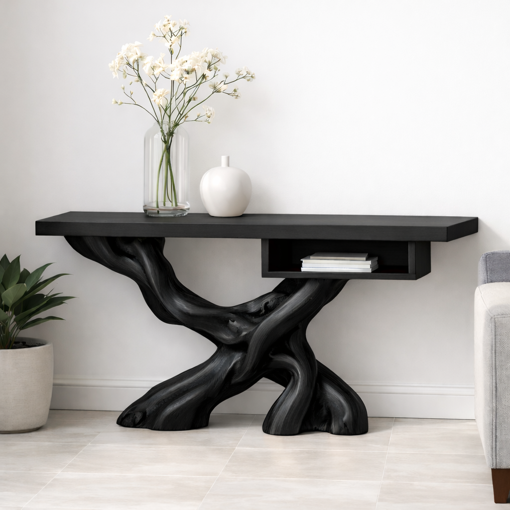 Handcrafted Solid Wood Console Table with Organic Tree-Root Base and Floating Shelf Design