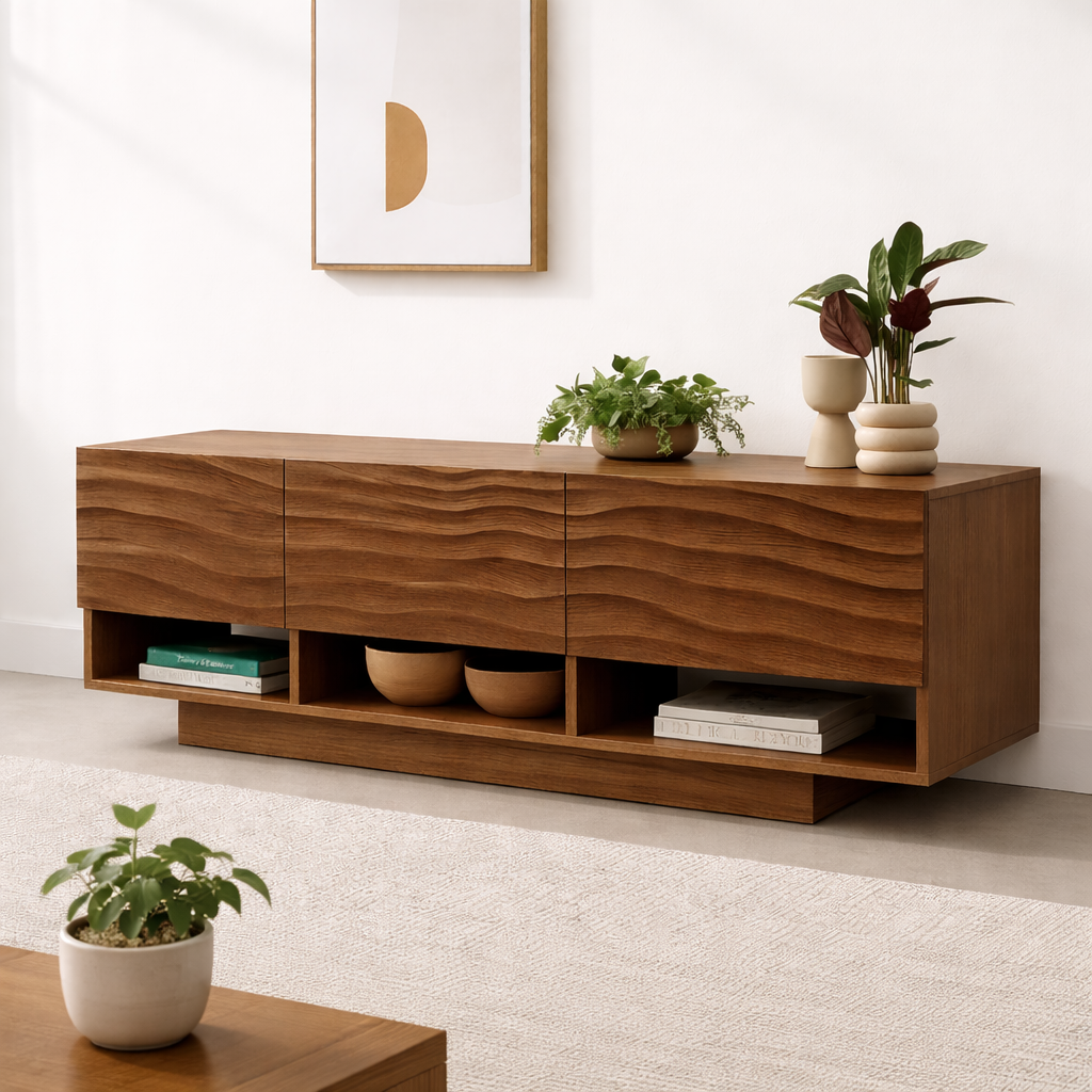 Modern Solid Wood Console Table, Minimalist Oak Media Console Cabinet with Storage Shelves