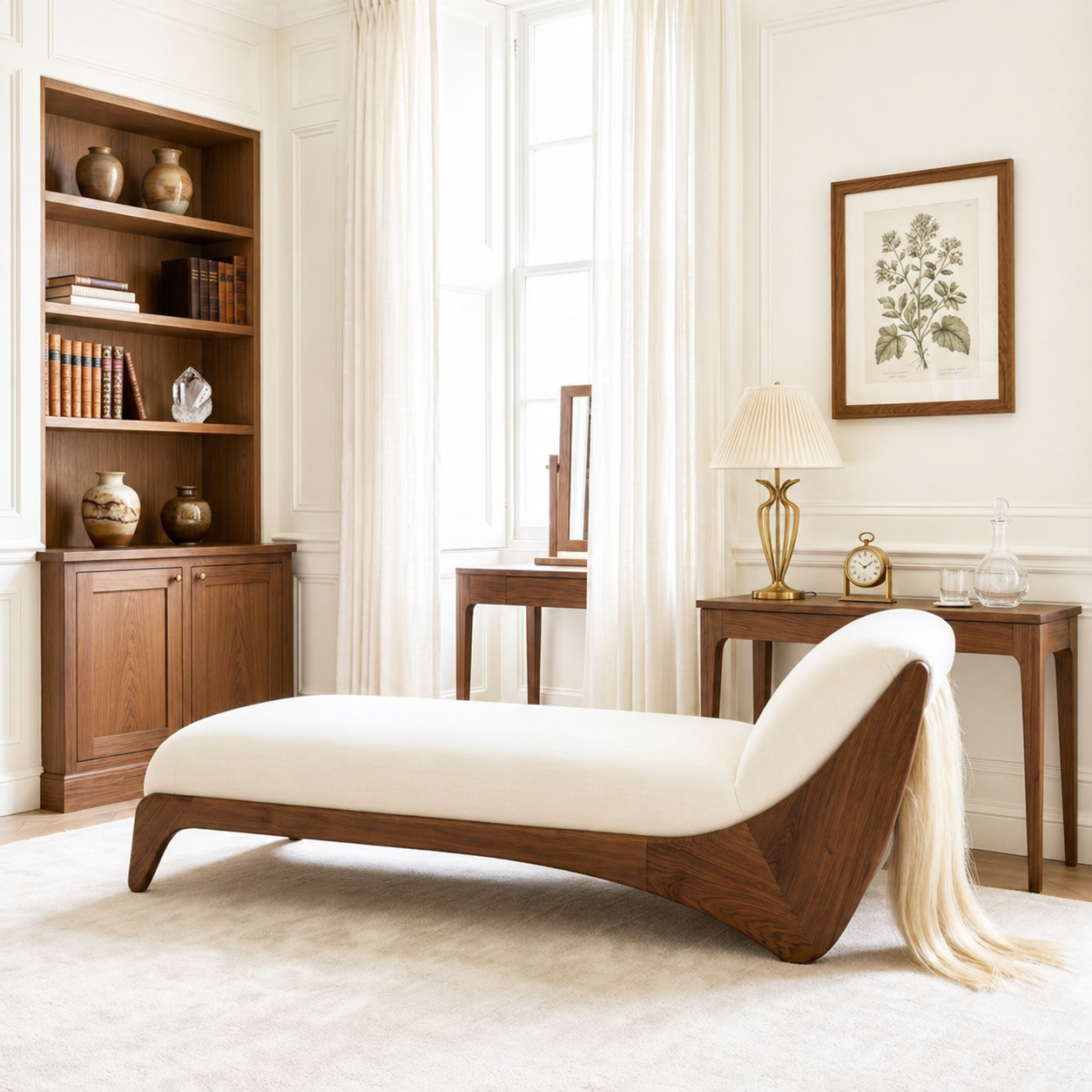 Curved Upholstered Daybed With Arched Backrest, White Cushion, Bedroom Chaise Lounge
