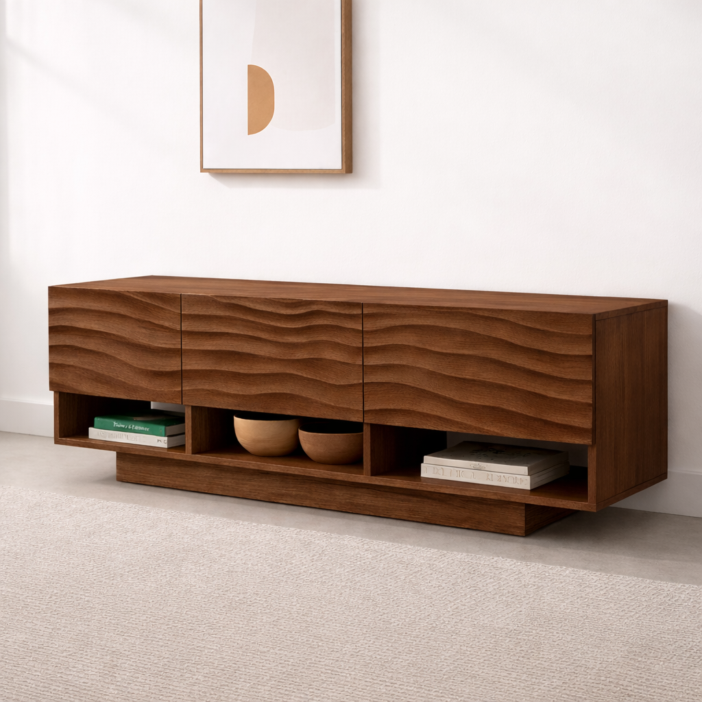 Modern Solid Wood Console Table, Minimalist Oak Media Console Cabinet with Storage Shelves