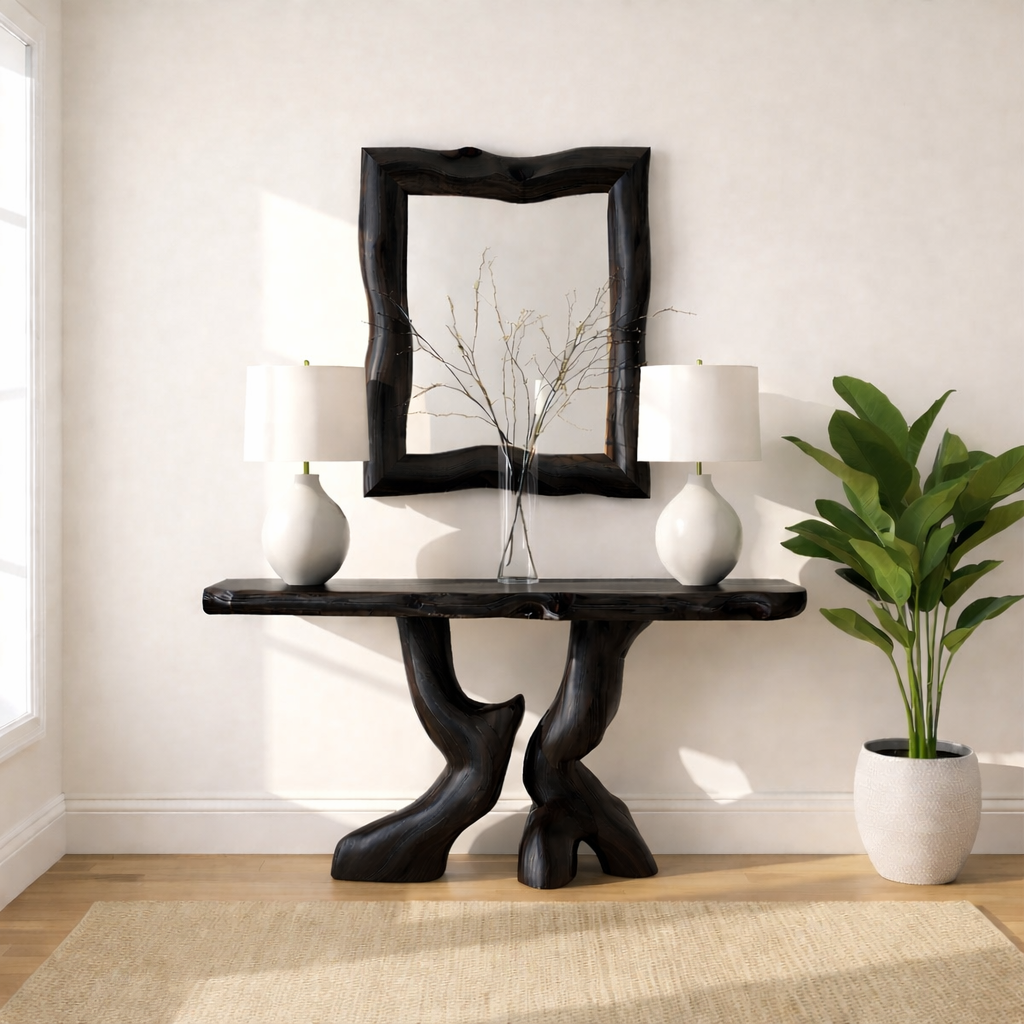 Handcrafted Solid Wood Console Table with Artistic Curved Base and Natural Live Edge Design