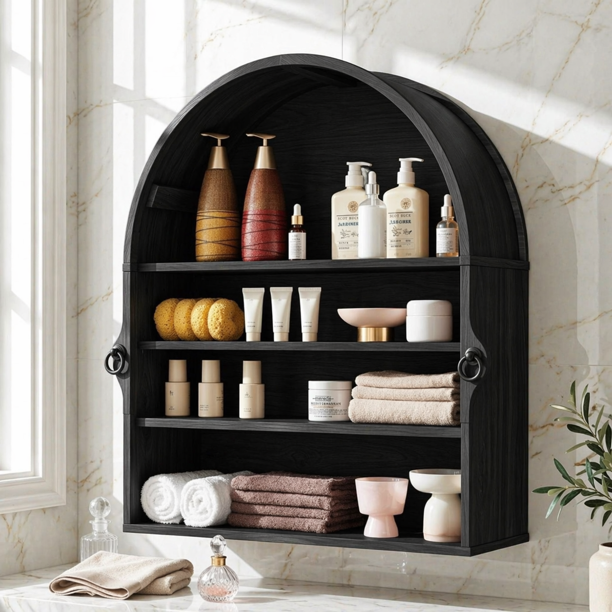 Arched Floating Bathroom Cabinet, Wall Mounted Vanity Shelf Storage Organizer Unit