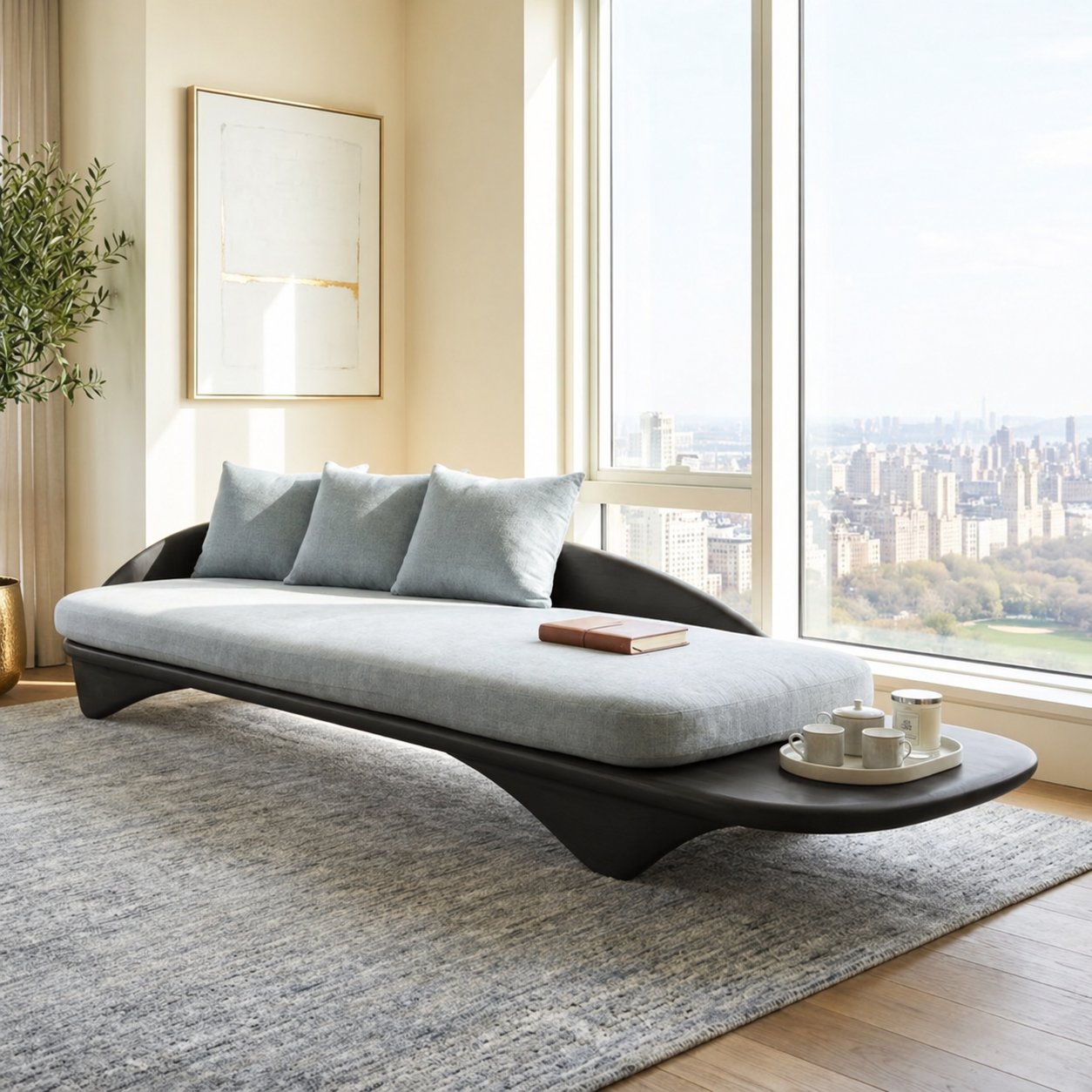Sculptural Curved Upholstered Daybed With Side Tray, Blue Cushions, Lounge Bench