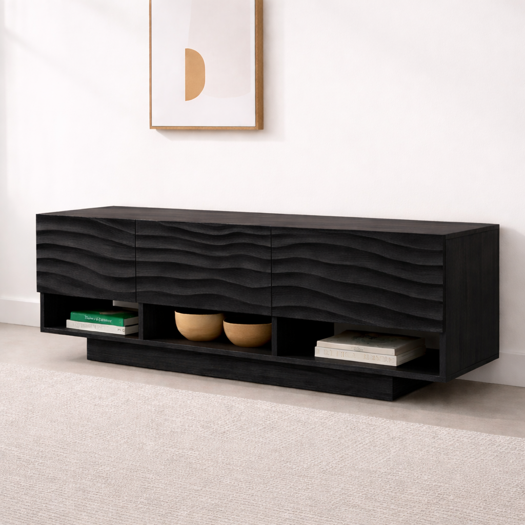 Modern Solid Wood Console Table, Minimalist Oak Media Console Cabinet with Storage Shelves