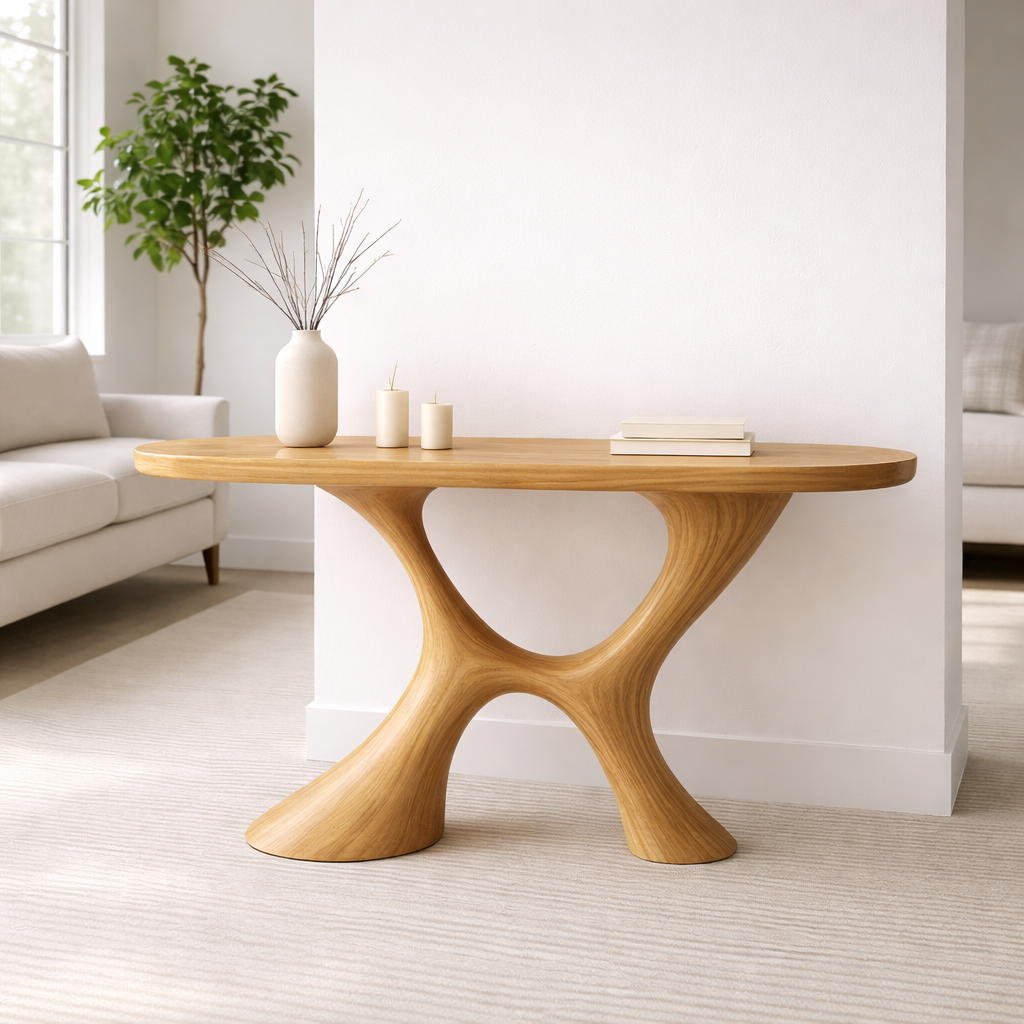 Modern Solid Wood Console Table, Sculptural Organic Base Entryway Hallway Oak Statement Furniture