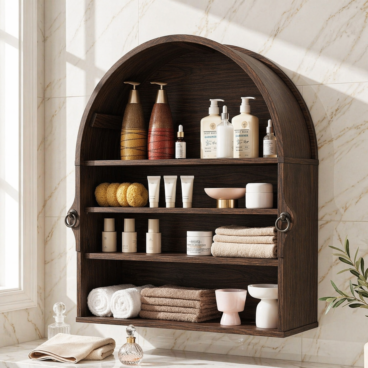 Arched Floating Bathroom Cabinet, Wall Mounted Vanity Shelf Storage Organizer Unit