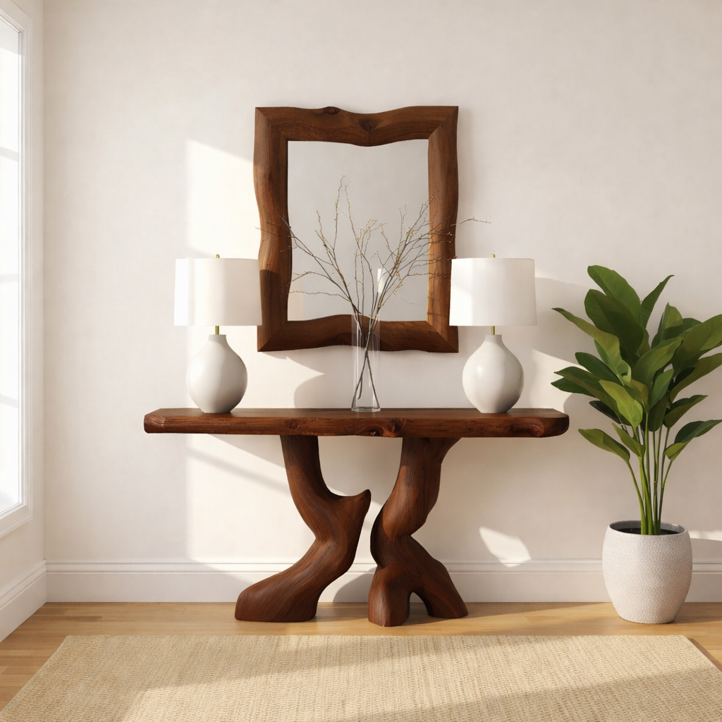 Handcrafted Solid Wood Console Table with Artistic Curved Base and Natural Live Edge Design