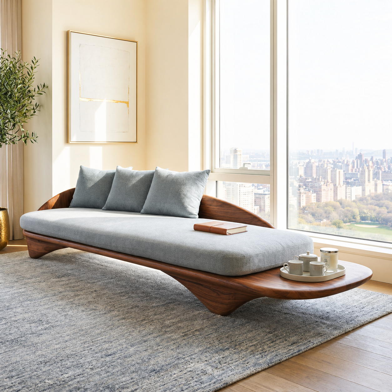 Sculptural Curved Upholstered Daybed With Side Tray, Blue Cushions, Lounge Bench