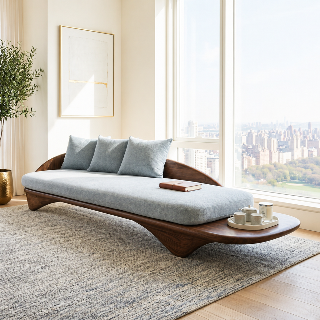 Sculptural Curved Upholstered Daybed With Side Tray, Blue Cushions, Lounge Bench