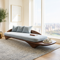 Sculptural Curved Upholstered Daybed With Side Tray, Blue Cushions, Lounge Bench