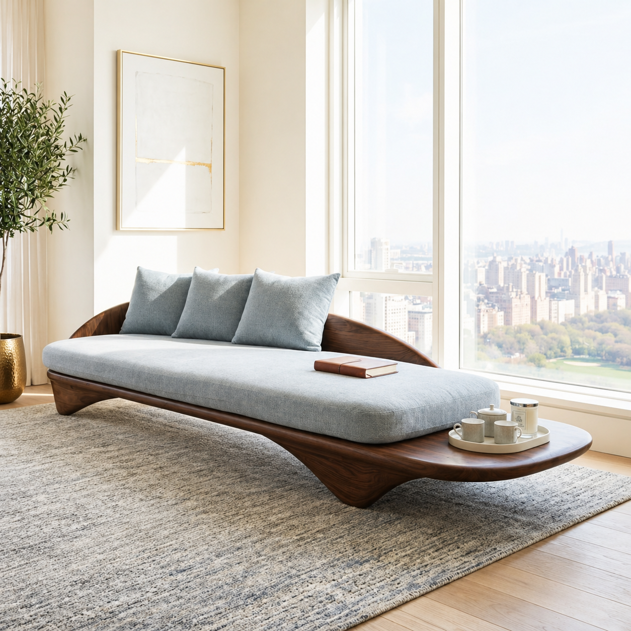 Sculptural Curved Upholstered Daybed With Side Tray, Blue Cushions, Lounge Bench