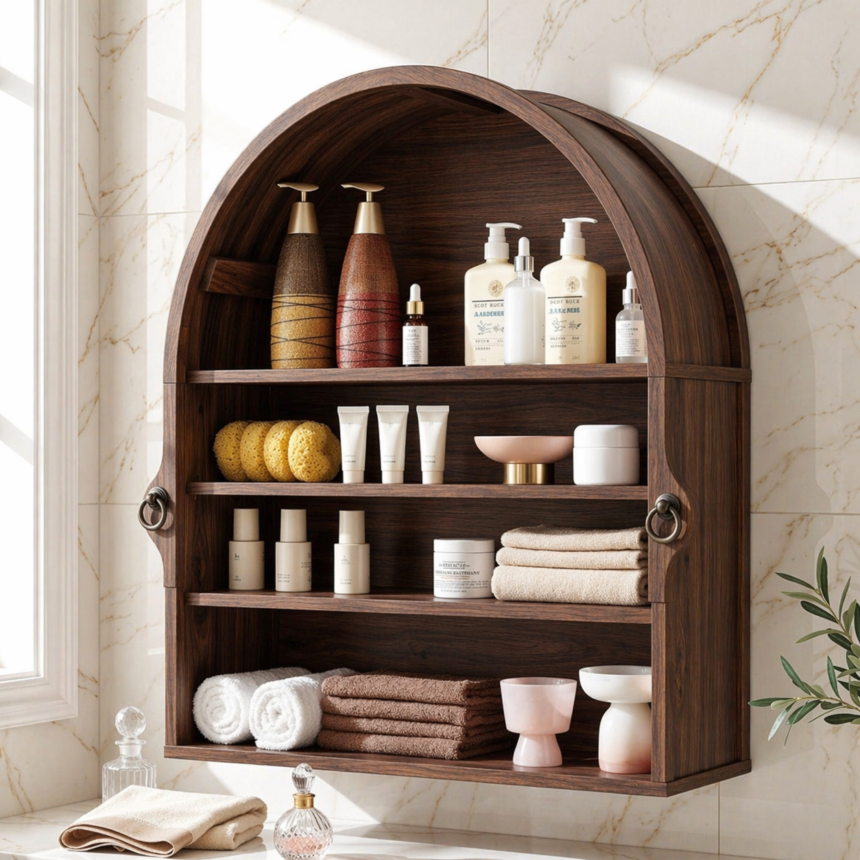 Arched Floating Bathroom Cabinet, Wall Mounted Vanity Shelf Storage Organizer Unit