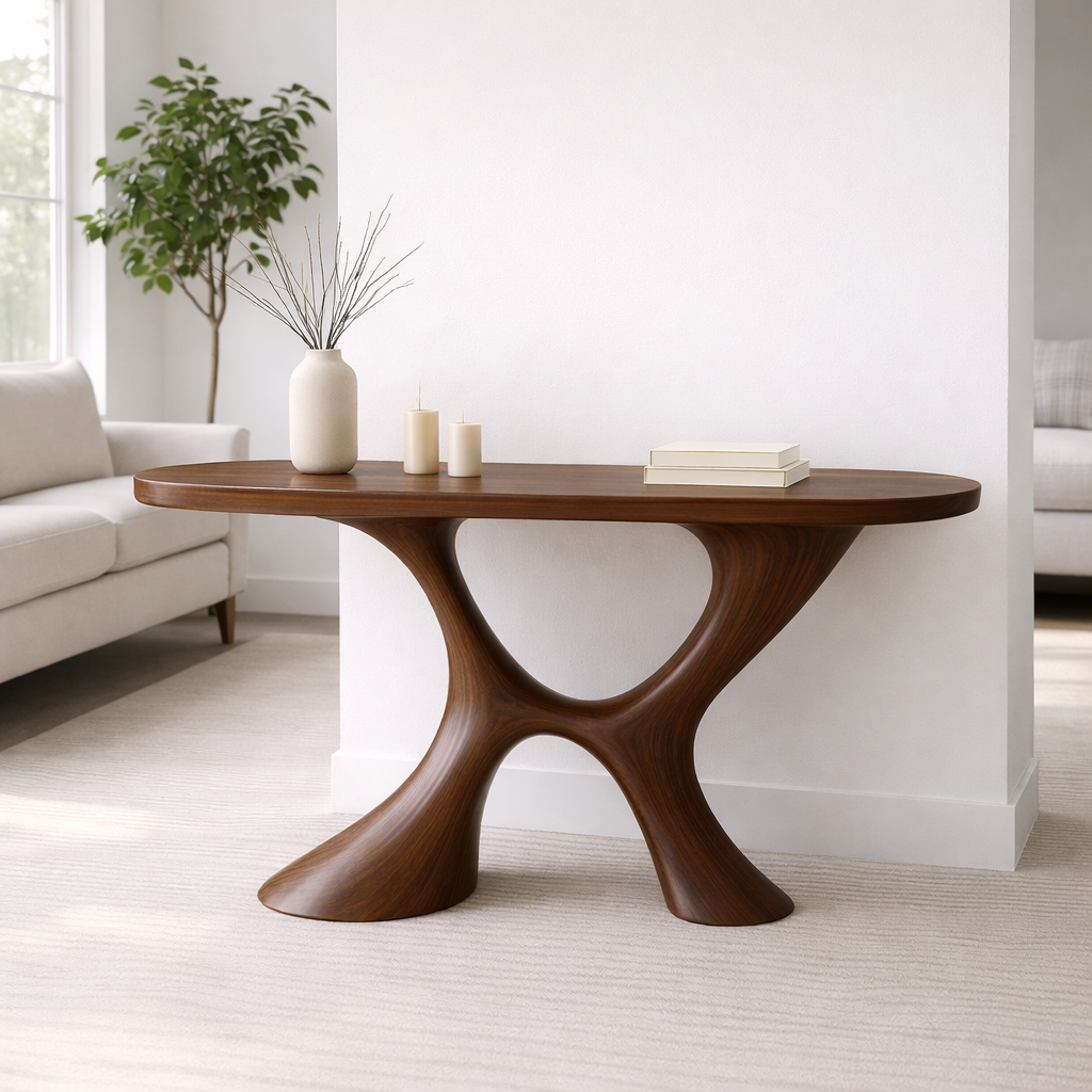 Modern Solid Wood Console Table, Sculptural Organic Base Entryway Hallway Oak Statement Furniture