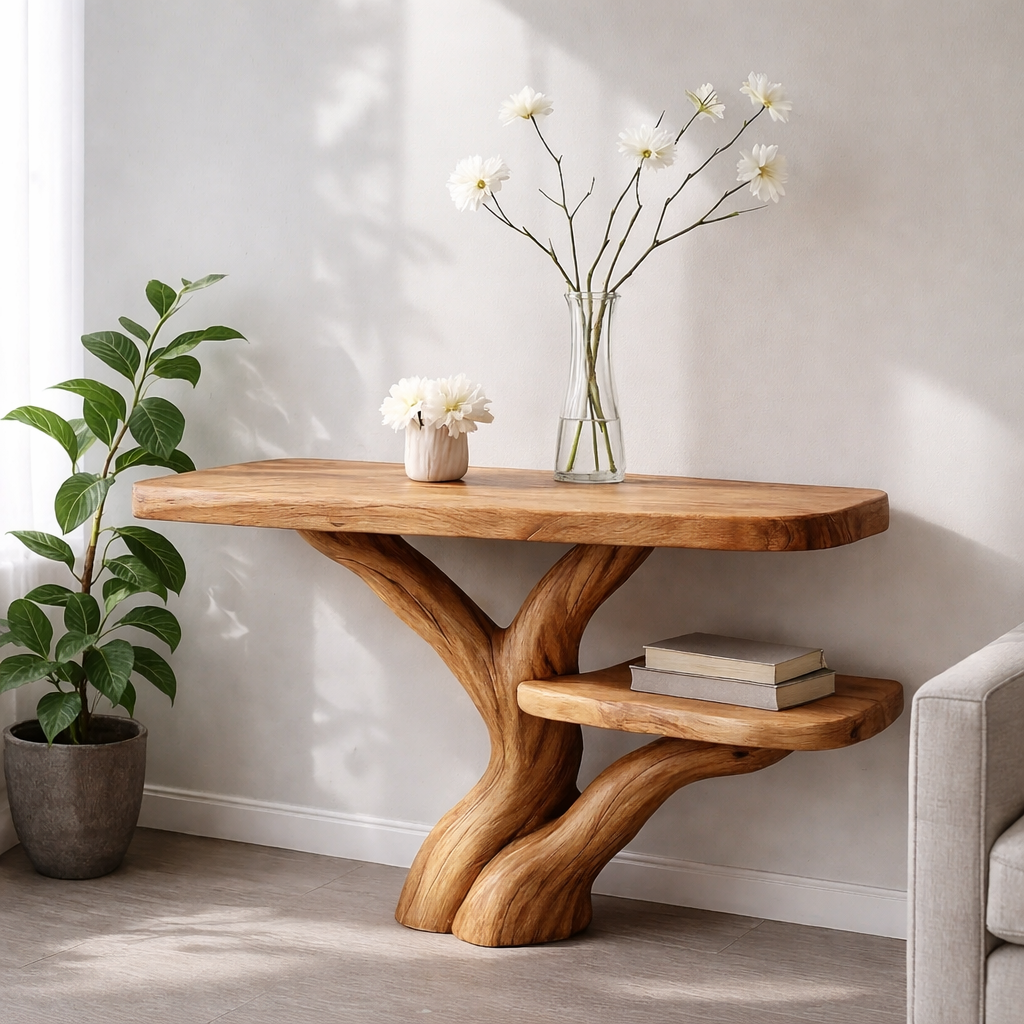 Handcrafted Tree Console Table – Solid Wood Entryway Table with Natural Root Design and Floating Shelf