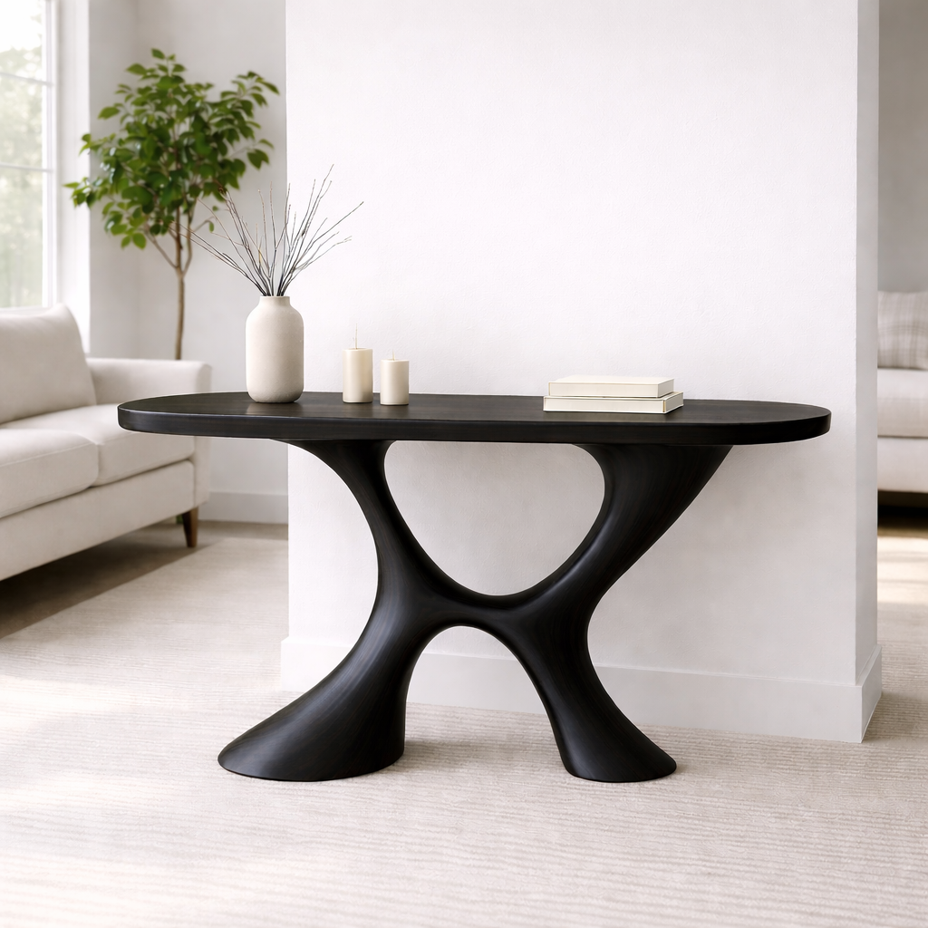 Modern Solid Wood Console Table, Sculptural Organic Base Entryway Hallway Oak Statement Furniture