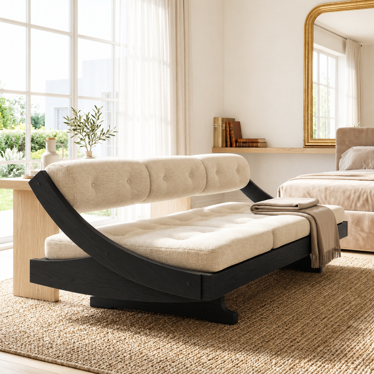 Curved Upholstered Daybed With Tufted Cushion, Rounded Backrest, Bedroom Lounge Bench